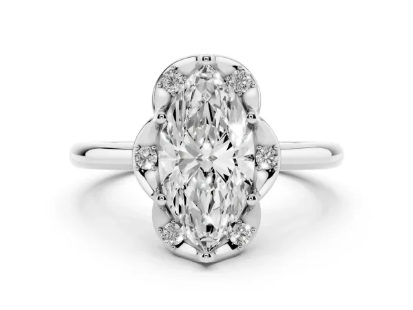 Marquise Cut Halo Diamond Ring with Round Cluster Setting, Solitaire Band, and Four-Prong Setting Platinum