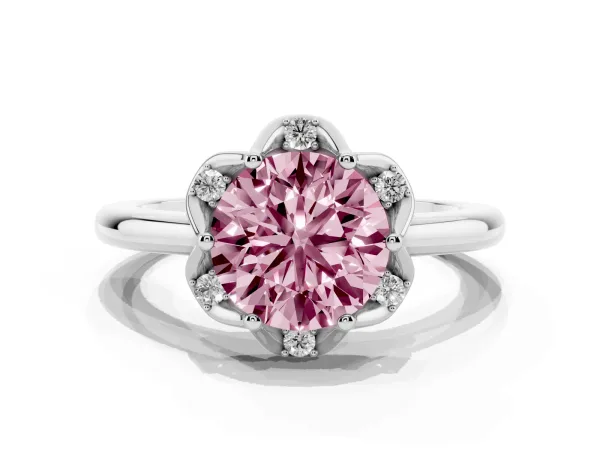 Fancy Pink Round Cut Halo Diamond Ring with Round Cluster Setting, Solitaire Band, and Four-Prong Setting Platinum