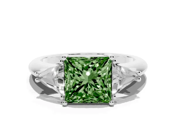 Fancy Green Three-Stone Princess Cut Diamond Engagement Ring with Trillion Side Stones and Prong Setting White gold