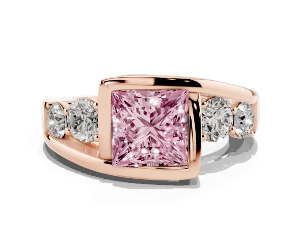 Fancy Pink Bezel Set Princess Cut Diamond Bypass Ring with Round Accents Rose gold