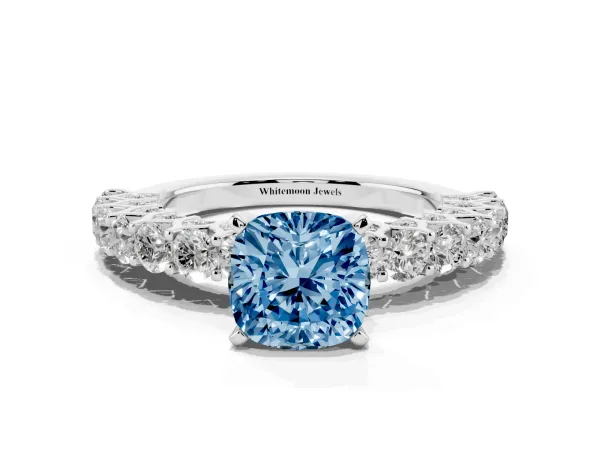 Fancy Blue Cushion Cut Diamond Solitaire Ring with Shared Prong Pavé Band and Four-Prong Setting White gold