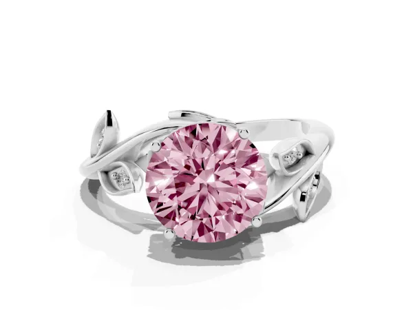 Fancy Pink Round Cut Solitaire Twist Engagement Ring with Leaf Accents and Prong Setting Platinum