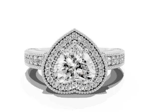 Heart Cut Cut Halo Diamond Ring with Pavé Band and Four-Prong Setting Platinum