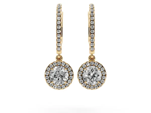 Round Cut Diamond Halo Drop Earrings with Pavé Hoop Yellow gold