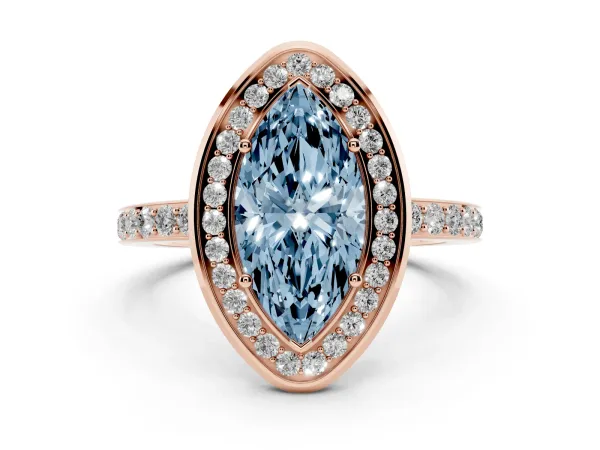 Fancy Blue Marquise Cut Diamond Halo Ring with Bezel Frame and Pavé Band Rose gold