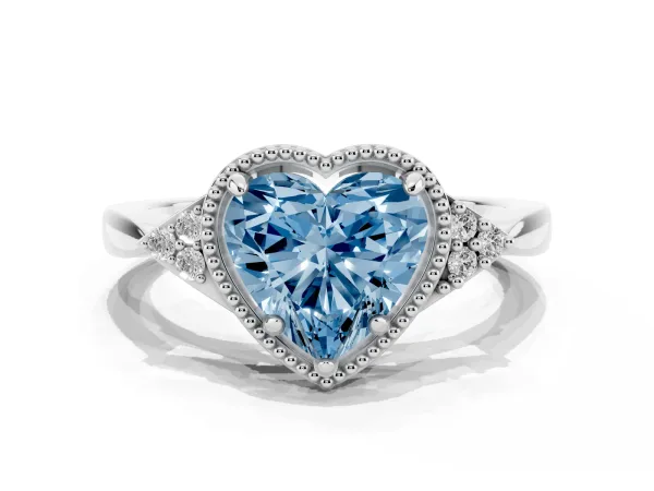 Fancy Blue Hexagonal Halo Heart Cut Diamond Solitaire with Pavé Band and Four-Prong Setting Platinum