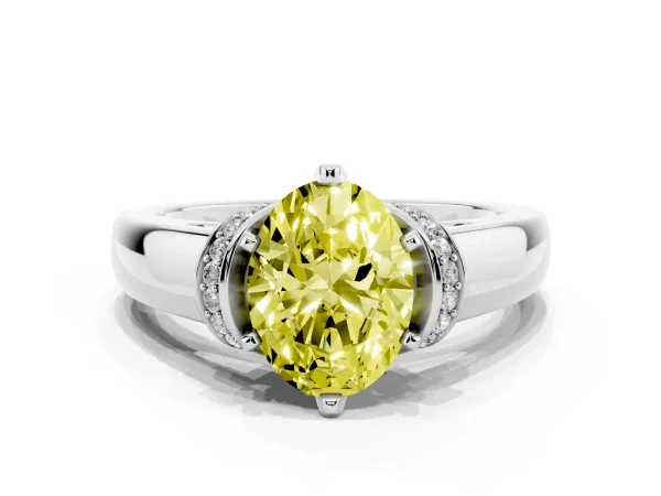 Fancy Yellow Oval Cut Solitaire Diamond Ring with Pave Band and Six-Prong Setting Platinum