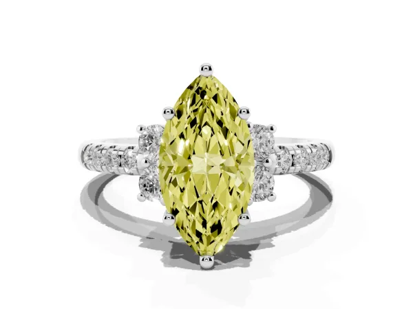 Fancy Yellow Marquise Cut Diamond Three-Stone Pave Band with Four-Prong Setting Platinum