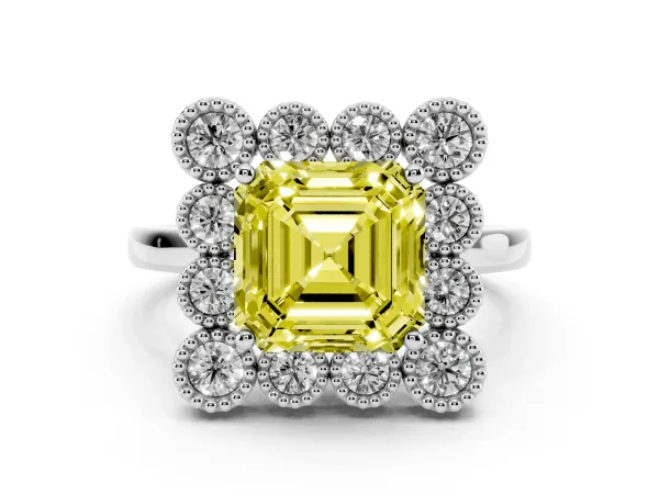 Fancy Yellow Asscher Cut Halo Diamond Cluster Engagement Ring with Milgrain Bezel Setting and Solitaire Band Platinum