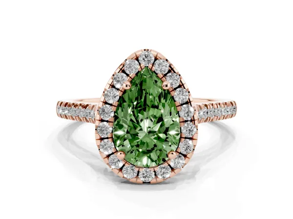 Fancy Green Pear Cut Diamond Cushion Halo Ring with Pavé Band Rose gold