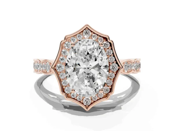 Oval Cut Halo Diamond Engagement Ring with Milgrain Band and Four-Prong Setting Rose gold