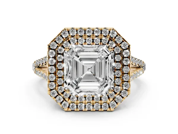 Asscher Cut Diamond Double Halo Ring with Pavé Band and Prong Setting Yellow gold