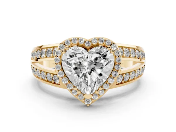 Heart Cut Diamond Halo Ring with Split Shank Pavé Band and Four-Prong Setting Yellow gold