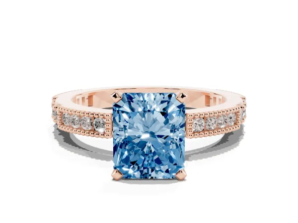 Fancy Blue Radiant Cut Solitaire with Pavé Band and Four-Prong Setting Rose gold