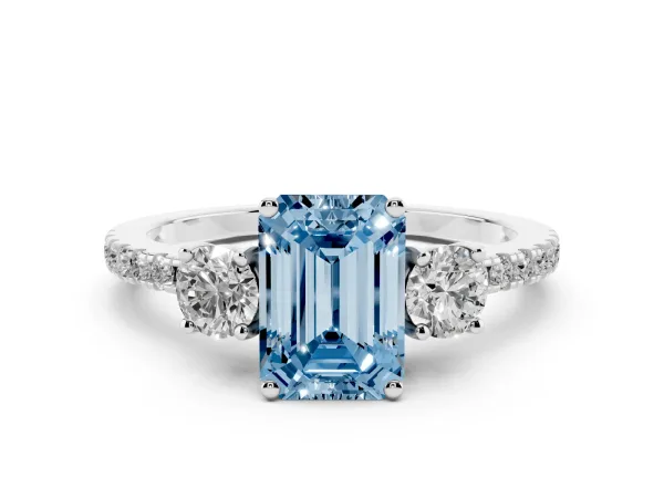 Fancy Blue Three-Stone Emerald Cut Cut Diamond Pavé Band with Prong Setting White gold