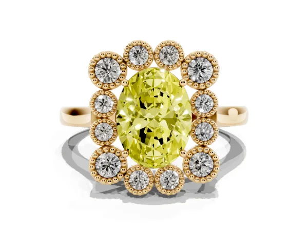 Fancy Yellow Oval Cut Halo Diamond Cluster Engagement Ring with Milgrain Bezel Setting and Solitaire Band Yellow gold