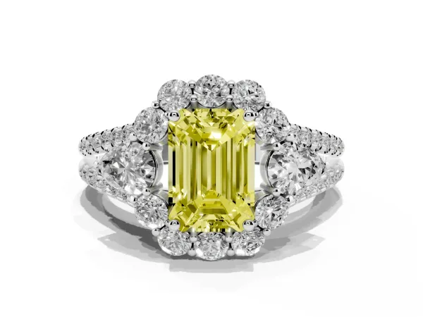 Fancy Yellow Emerald Cut Halo Split Shank Diamond Engagement Ring with Prong Setting Platinum