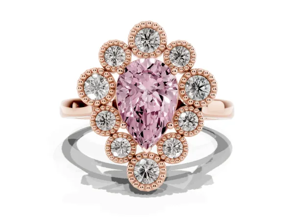 Fancy Pink Pear Cut Halo Diamond Cluster Engagement Ring with Milgrain Bezel Setting and Solitaire Band Rose gold