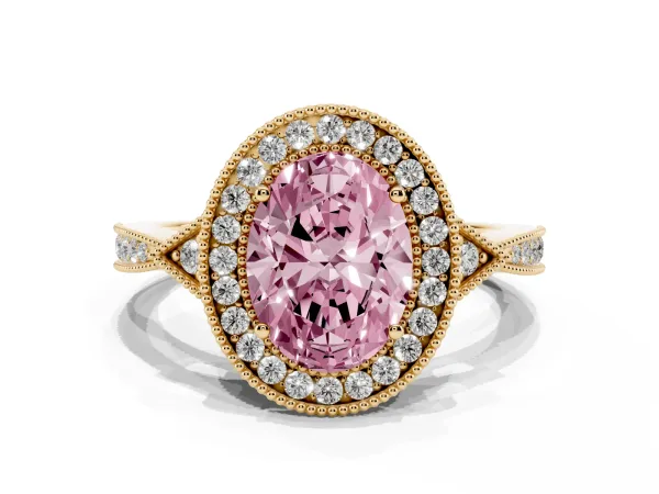 Fancy Pink Oval Cut Halo Round Diamond Milgrain Pave Engagement Ring Yellow gold