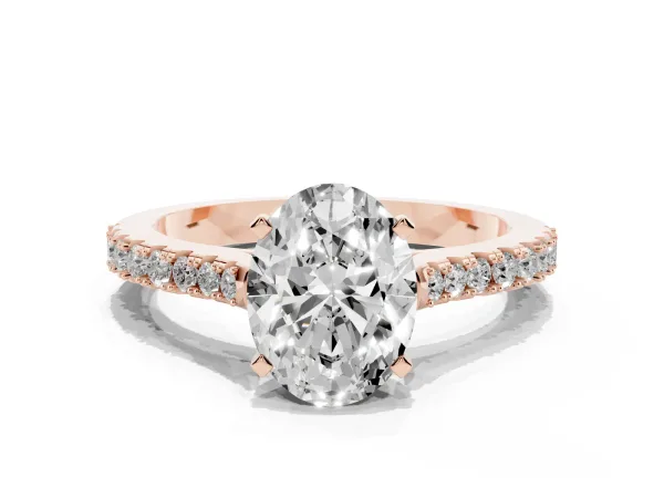 Oval Cut Cut Solitaire Diamond Engagement Ring with Pave Band and Four-Prong Setting Rose gold