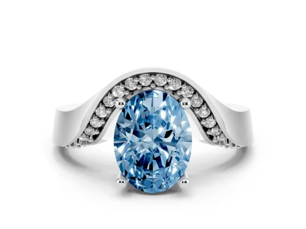 Fancy Blue Oval Cut Solitaire Diamond Engagement Ring with Pave Band and Four-Prong Setting White gold