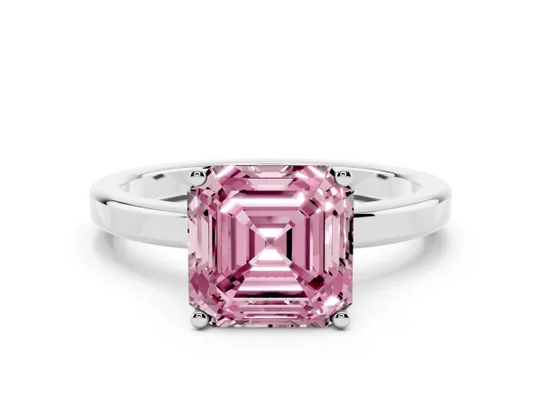 Fancy Pink Asscher Cut Cut Solitaire Engagement Ring with Four-Prong Setting on a Classic Band White gold