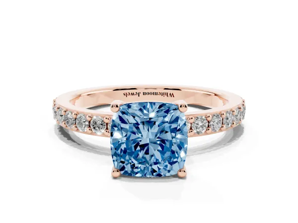 Fancy Blue Cushion Cut Cut Diamond Solitaire with Pave Band and Four-Prong Setting Rose gold