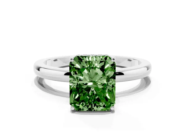 Fancy Green Radiant Cut Solitaire Diamond Ring with Prong Setting and Plain Band White gold