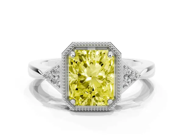 Fancy Yellow Hexagonal Halo Radiant Cut Diamond Solitaire with Pavé Band and Four-Prong Setting White gold