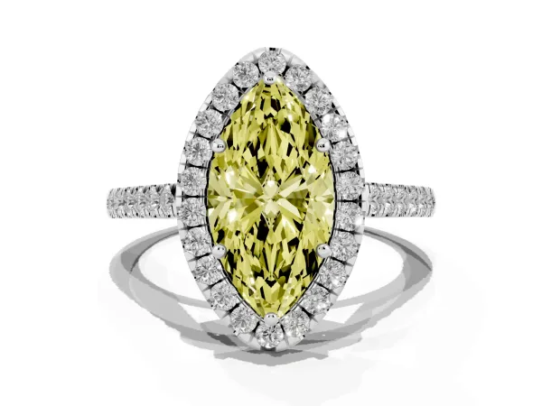 Fancy Yellow Marquise Cut Halo Pave Diamond Engagement Ring with Four-Prong Setting White gold