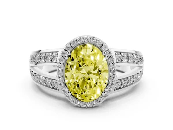 Fancy Yellow Oval Cut Diamond Halo Ring with Split Shank Pavé Band and Four-Prong Setting White gold