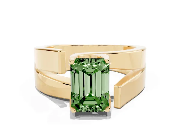Fancy Green Modern Tension Set Emerald Cut Diamond Solitaire Wide Band Ring Yellow gold