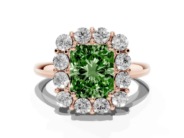Fancy Green Radiant Cut Halo Cluster Diamond Engagement Ring with Prong Setting and Polished Band Rose gold