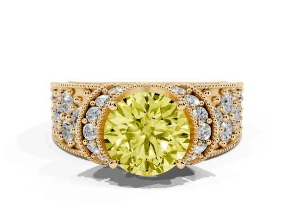 Fancy Yellow Round Cut Halo Pave Diamond Engagement Ring with Milgrain Detailing Yellow gold