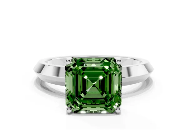 Fancy Green Asscher Cut Cut Solitaire Engagement Ring with Flat Band and Four-Prong Setting Platinum