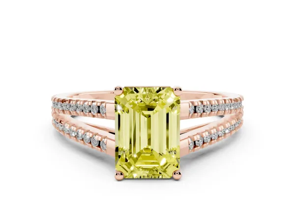 Fancy Yellow Emerald Cut Diamond Solitaire Engagement Ring with Split Shank Pavé Band Rose gold