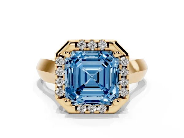 Fancy Blue Asscher Cut Cut Halo Solitaire Engagement Ring with Square Band and Four-Prong Setting Yellow gold