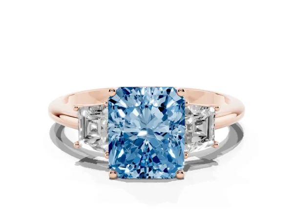 Fancy Blue Radiant Cut Diamond Three-Stone Ring with Trapezoid Side Stones and Prong Setting Rose gold