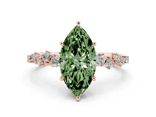 Fancy Green Marquise Cut Diamond Cluster Side Stone Solitaire Ring with Prong Setting Rose gold