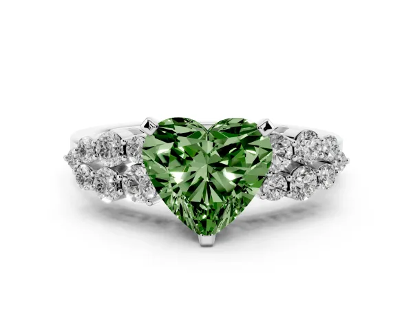 Fancy Green Heart Cut Cluster Diamond Engagement Ring with Pavé Band and Four-Prong Setting Platinum