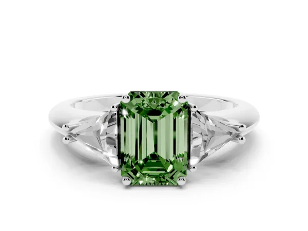 Fancy Green Three-Stone Emerald Cut Diamond Engagement Ring with Trillion Side Stones and Prong Setting White gold