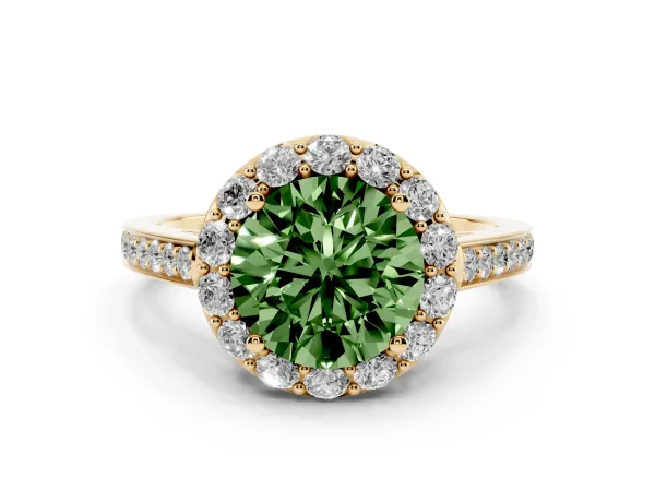Fancy Green Round Cut Diamond Floral Halo Ring with Pavé Band and Prong Setting Yellow gold