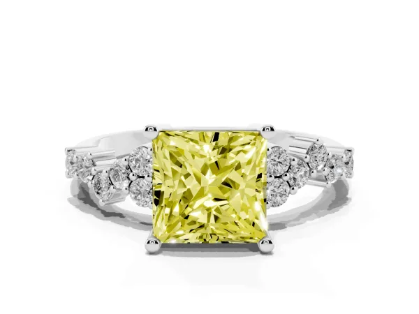 Fancy Yellow Princess Cut Diamond Scattered Round Accent Ring with Prong Setting Platinum
