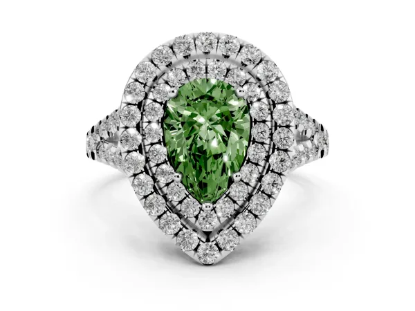 Fancy Green Double Halo Pear Cut Diamond Pavé Split Shank Ring with Prong Setting Platinum