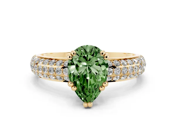 Fancy Green Pear Cut Diamond Solitaire Ring with Multi-Row Round Pavé Band and Prong Setting Yellow gold