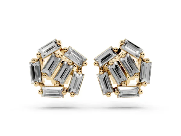 Baguette Diamond Cluster Stud Earrings Yellow gold