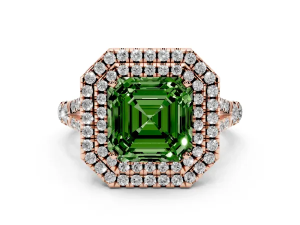 Fancy Green Asscher Cut Diamond Pavé Split Shank Double Halo Engagement Ring Rose gold