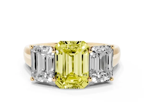 Fancy Yellow Emerald Cut Three-Stone Diamond Ring with Prong Setting on a Classic Band Yellow gold
