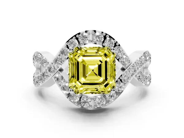 Fancy Yellow Asscher Cut Solitaire Twist Band Pavé Diamond Engagement Ring White gold