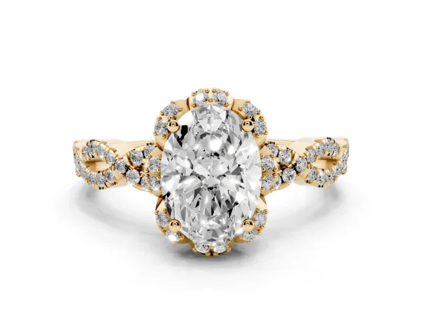 Oval Cut Halo Twist Band Solitaire Ring with Six-Prong Setting Yellow gold